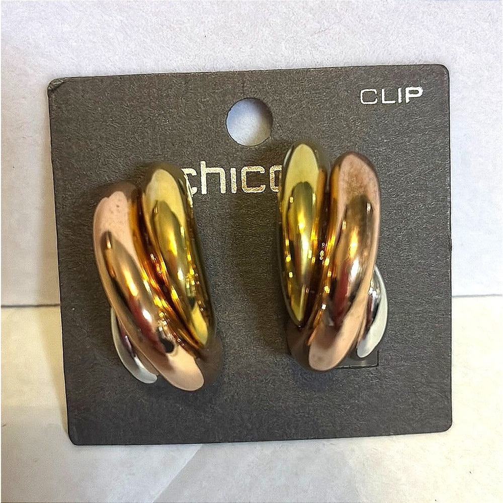Chicos Tri-Tone Mixed Metal Twisted Chunky Clip On Earrings Gold Silver Rose NWT